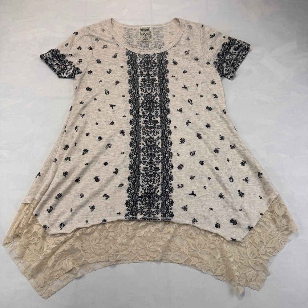 Vocal Womens M Beige Black Paisley Lace Hem Sharkbite Boho Tunic Top USA
